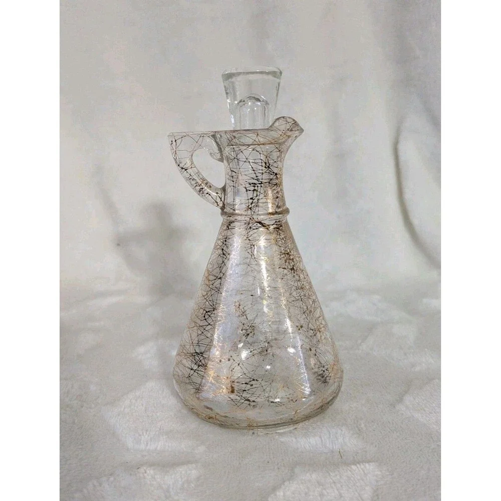 Vtg Hazel Atlas Gold Spaghetti String Drizzle Glass Vinegar Or Oil Cruet Bottle